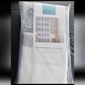 NEW Urban Habitat Light Gray & White Striped Shower Curtain & 12 Silver Hook Set